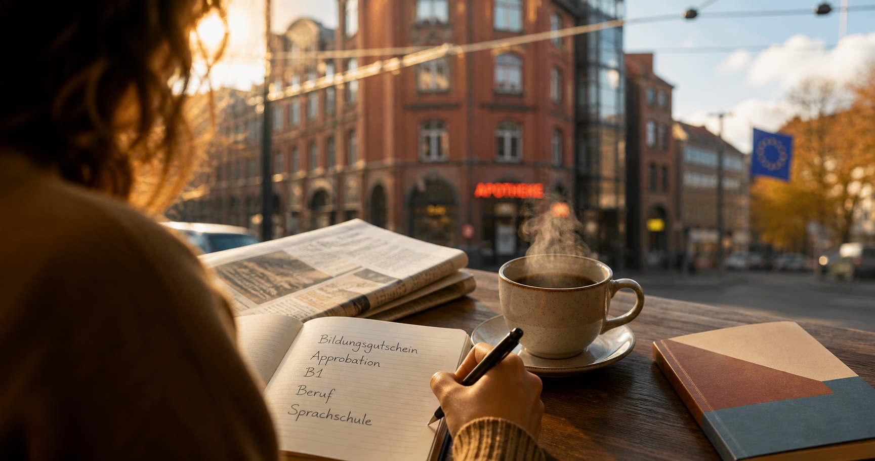 Anonymous student writing German vocabulary in a notebook at a café in   Bochum, with a Ruhrgebiet brick-and-glass façade blurred behind — featured                                       image for the "Why learn German?" blog post by My German Dream