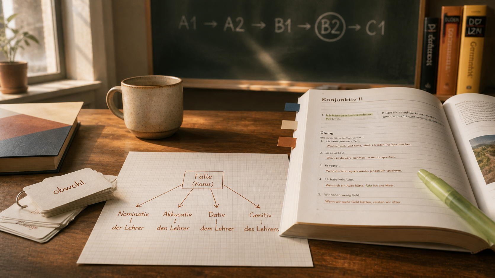 Hand-drawn diagram of the four German cases (Nominativ, Akkusativ, Dativ, Genitiv) on graph paper next to an open B2 coursebook and three coloured sticky tabs.