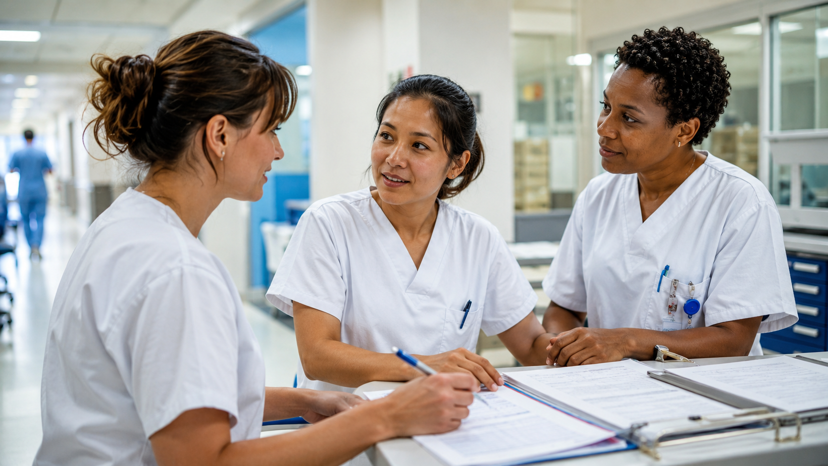 Three nurses discussing case notes in a hospital corridor — Conversation Course for Medical Staff at My German Dream Academy
